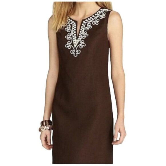 Talbots NWT Brown Linen with White Embroidery Sleeveless Shift Dress - Picture 1 of 8